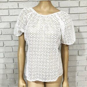 J.Crew Women’s White Eyelet Puff Sleeve Top Size 12 | V-Back Cotton Blouse